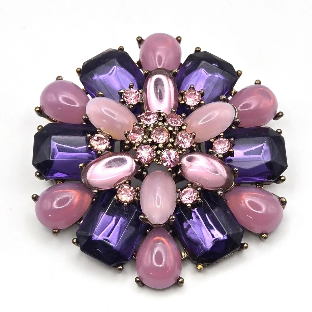 Fortunoff Vintage‎ Purple Pink Rhinestone Cabochon Flower Brooch Pin 2.5 Inch